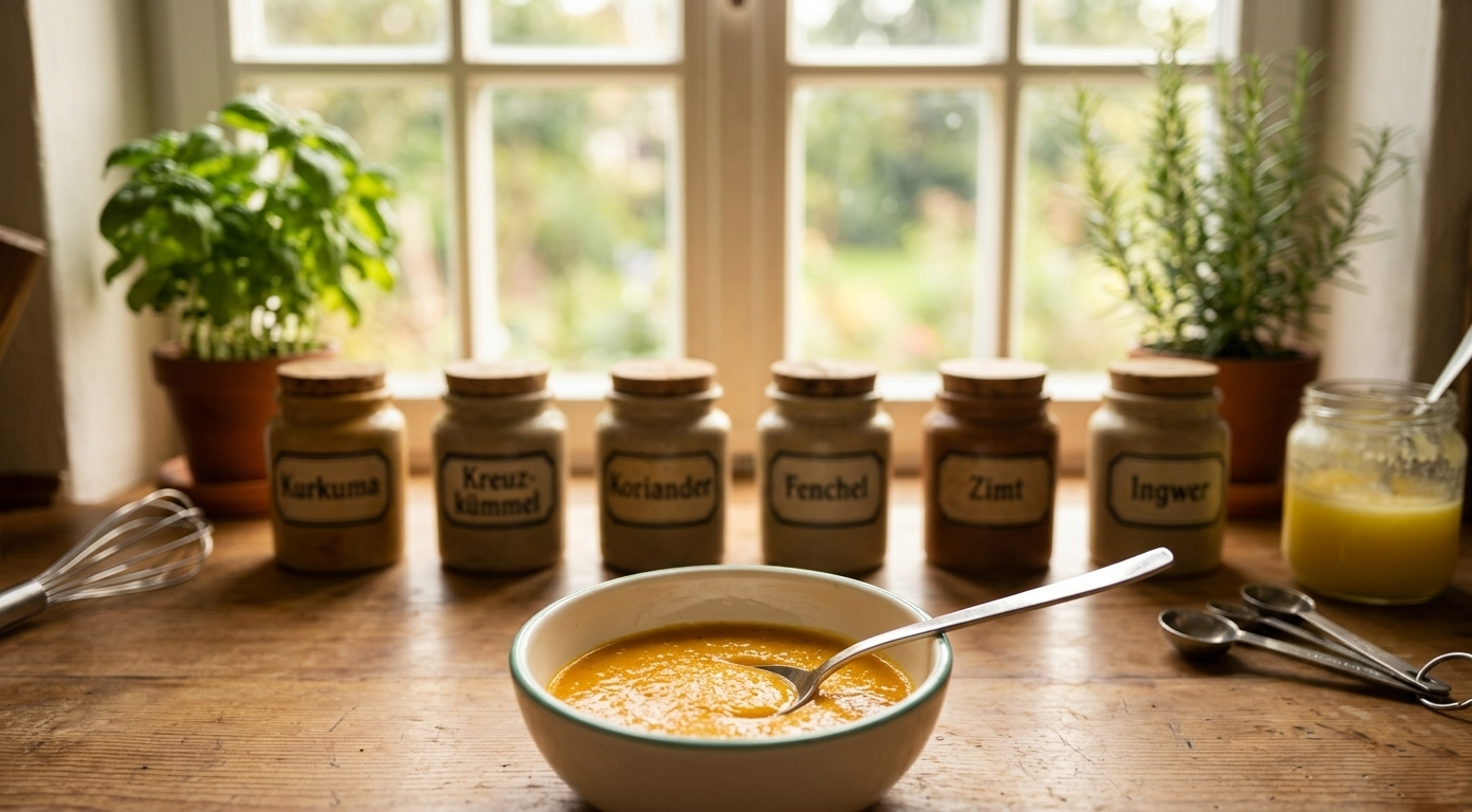 Ayurvedische Kürbissuppe – Nahaufnahme mit Kürbiskernen und Gewürzen