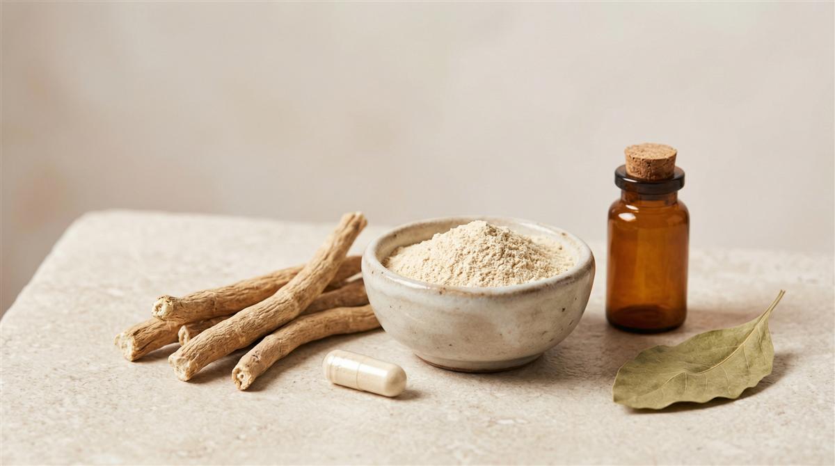 Ashwagandha Wurzel Pulver und Kapseln