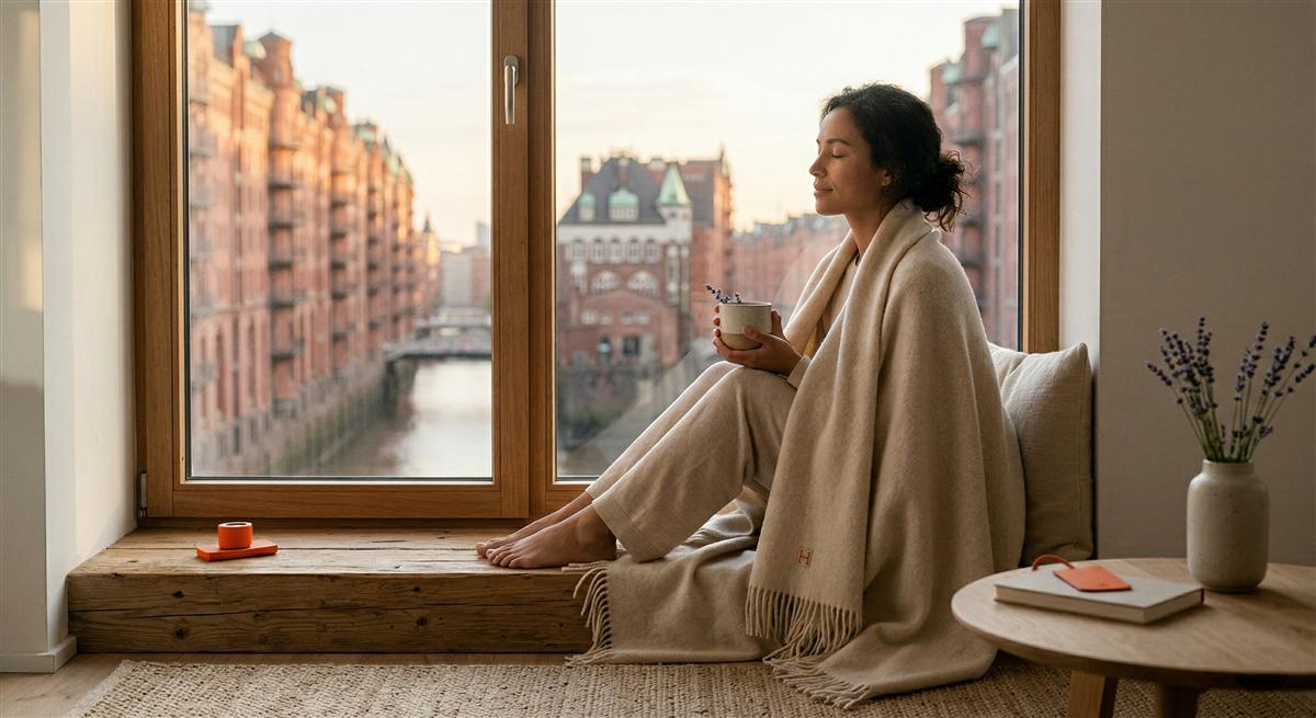 Frau am Fenster mit Tee findet innere Ruhe