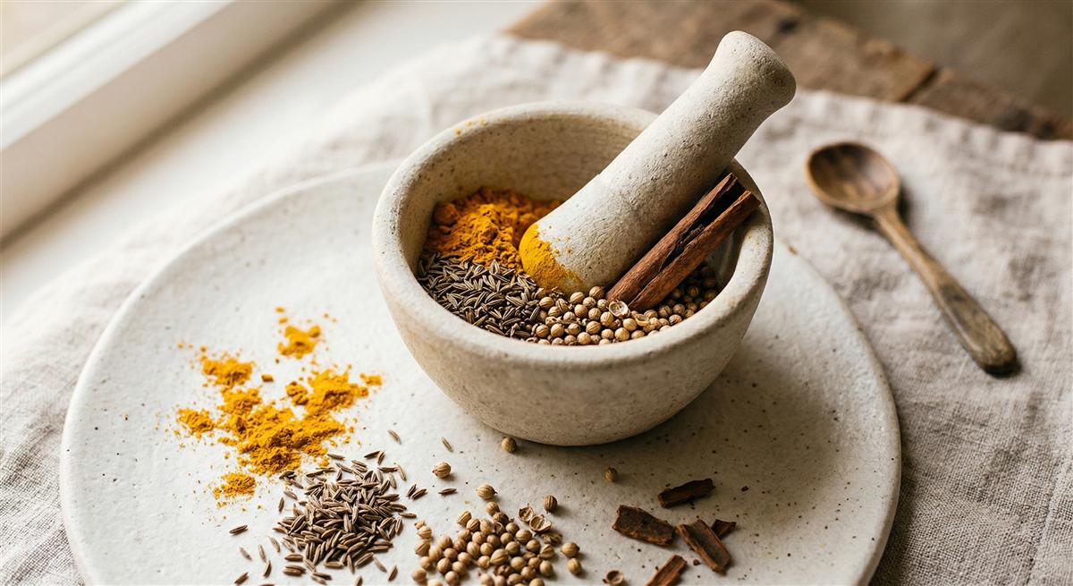 Ayurvedische Gewürze im Mörser Kurkuma Kreuzkümmel Zimt