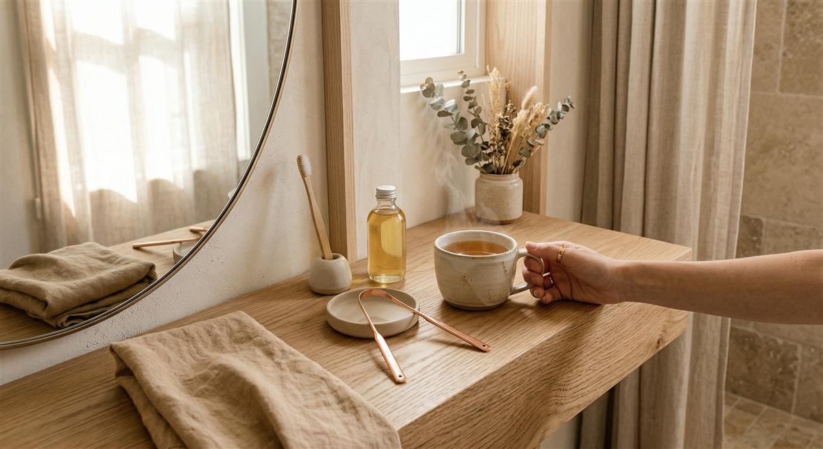 Ayurvedische Tagesroutine mit Öl Zungenschaber und Kräutertee