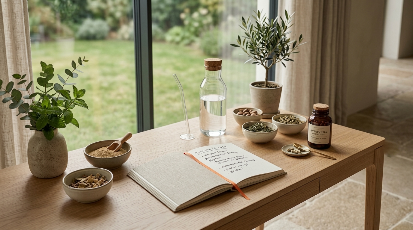 Ruhige Atmosphäre mit Leinenstoff und Tee – Ayurveda Dinacharya Tagesroutinen Energie