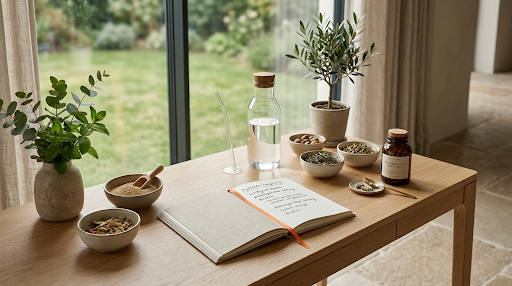 Journal mit Goldgetränk – Ayurveda Routinen und Werte