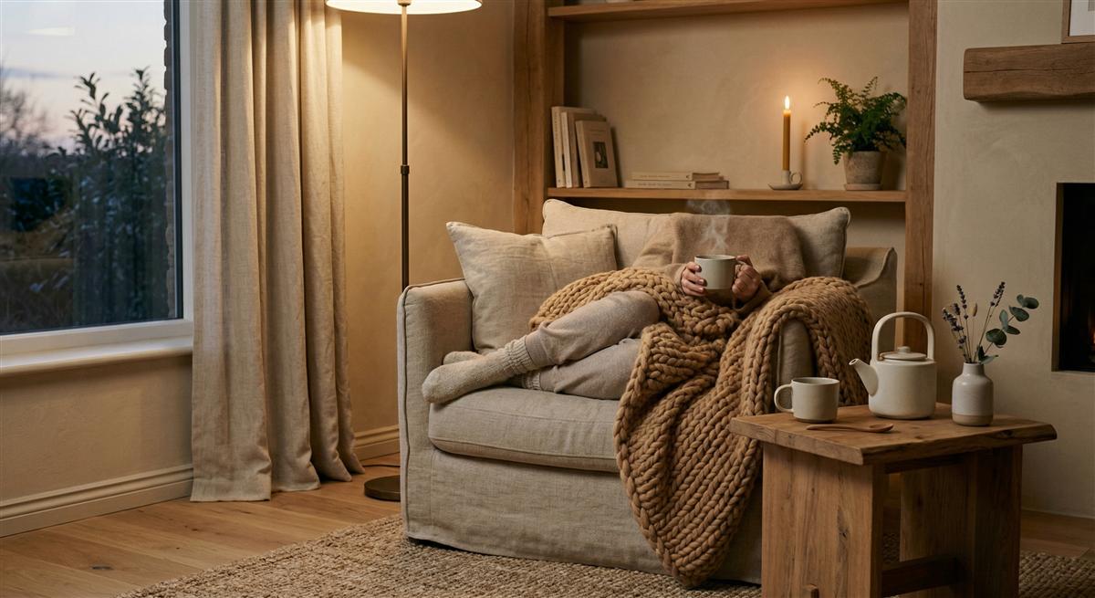 Gemütlicher Ruheplatz mit Strickdecke und Tee bei Erschöpfung