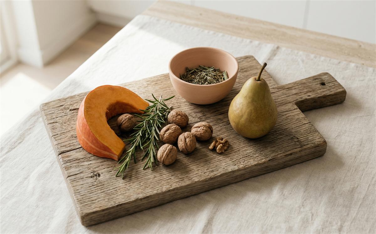 Saisonale Zutaten Kürbis Birne Walnüsse