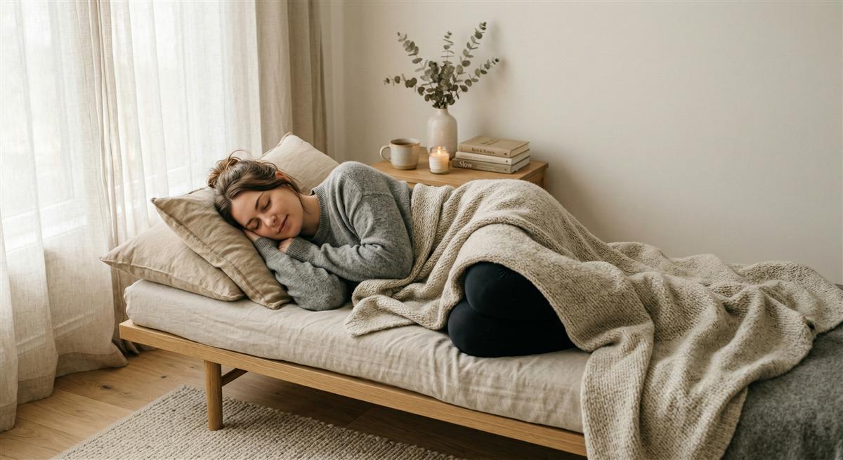 Frau ruht sich aus mit warmer Decke und Kerze für Vata-Balance